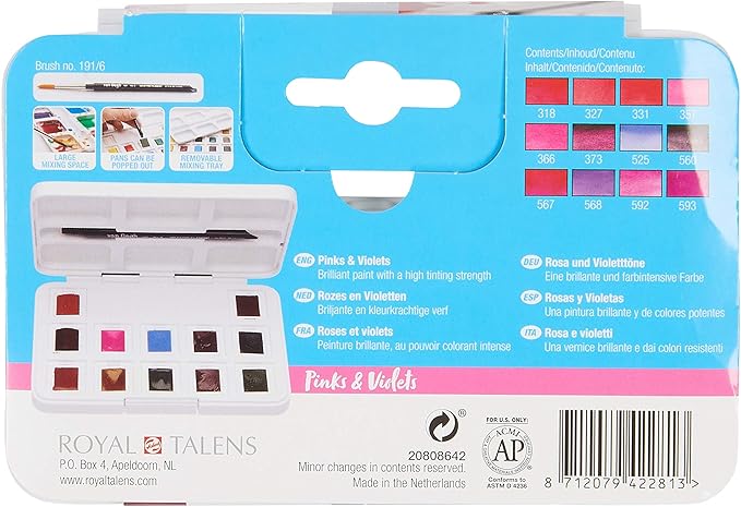 Van Gogh Watercolor Paint Set, Plastic Pocketbox, 12-Half Pan Pinks & Violets Selection