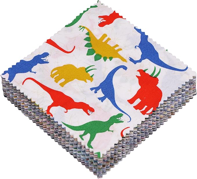 Hanjunzhao 84Pcs Dinosaur Print Cotton Fabric Squares 5x5, Charm Packs for Quilting 5 inch Squares for Quilting, Patchwork Baby Boy Blanket & Quilts, Home Decor, and DIY Crafts, Cartoon Dinosaurs