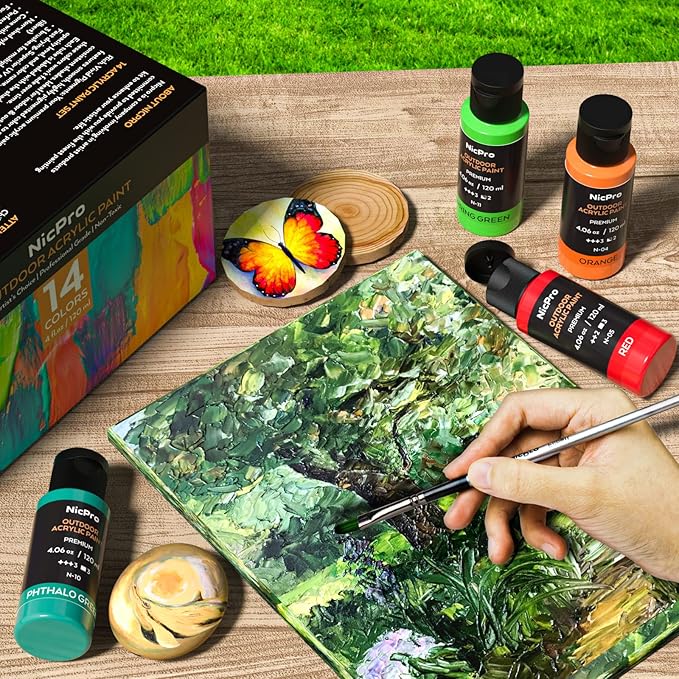Nicpro 14 Colors Outdoor Acrylic Paint Bulk (4.06 oz,120ml) with Brush and Sponge, Knife, Non-Toxic Gloss Paint for Multi-surface Rock, Wood, Fabric, Leather, Crafts, Canvas, Shoes and Wall Painting