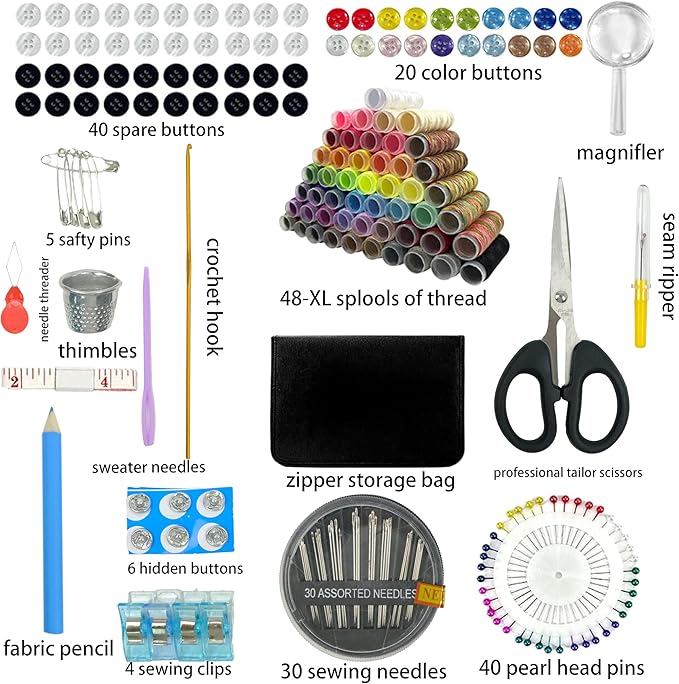Sewing Kit with Case, 172pcs Sewing Accessories, Friendly for Beginner and Professional for Worker, Suitable for Travel, Home, School and DIY,Hand Sewn Needles, Tape Measures, Scissors