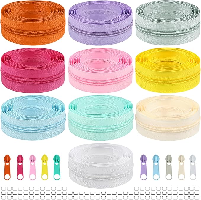 DOITEM 22.2 Yards/ 20 m 10 Pieces Assorted Colors #5 Nylon Coil Zippers, Sewing Zippers Endless Zips with 40 Pieces Zipper Sliders Zip Heads for Sewing Tailor Craft Supplies