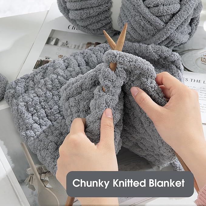 HOMBYS Chunky Chenille Yarn for Hand Knitting - 4 Cream + 4 Light Grey, Fluffy Soft Jumbo for Crocheting, Super Bulky Big for Chunky Blanket, Large Thick Arm Knitting, 8 Pack Plush