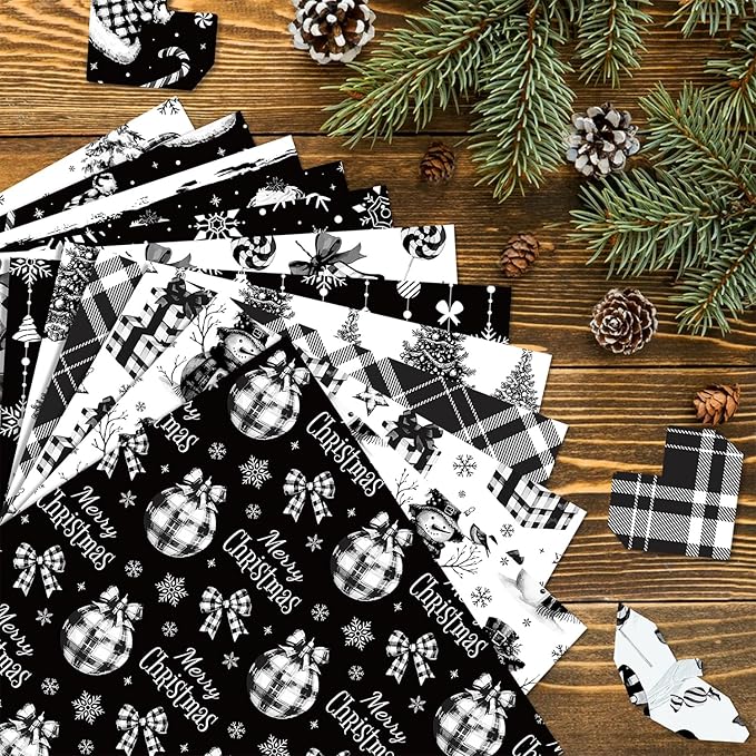 24 Sheets Christmas Scrapbook Paper 12'' × 12'' Double-Sided Xmas Black Plaid Pattern Paper Decorative Art Cardstock for Holiday DIY Crafts Card Making Scrapbook Supplies
