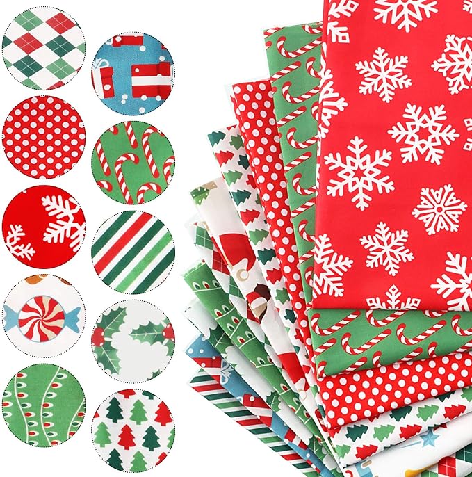 Tatuo 10 Pieces Christmas Cotton Fabric Squares Precut Quilting Patchwork Christmas Snowflake Print Red Green Fabric for Xmas Sewing Crafting DIY Supplies(25 x 25 cm/ 9.84 x 9.84 Inch)