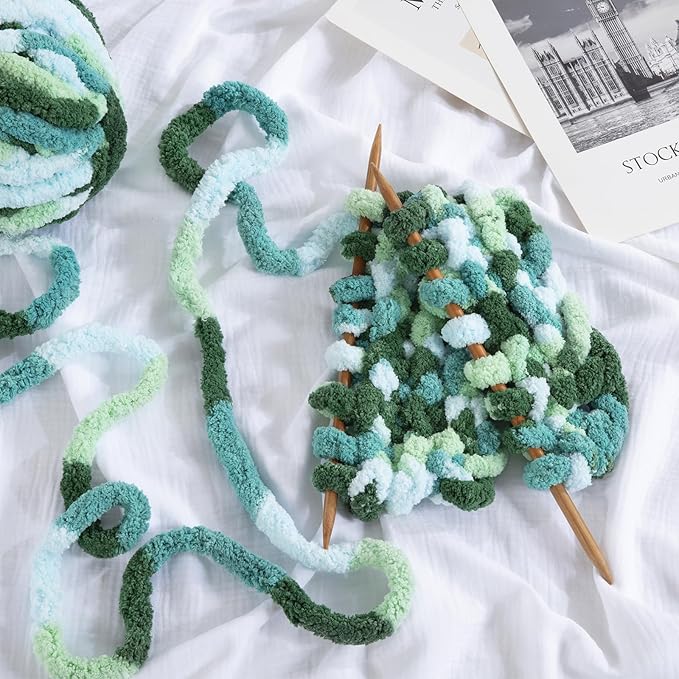 HOMBYS 8 Pack Giant Chunky Yarn for Crocheting,Super Bulky Large Soft Fluffy Yarn,Tie Dye Plush Fuzzy Yarn,Mixed Color Thick Chenille Yarn for Hand Knitting/Arm Knitting (Mint, Teal, Green)