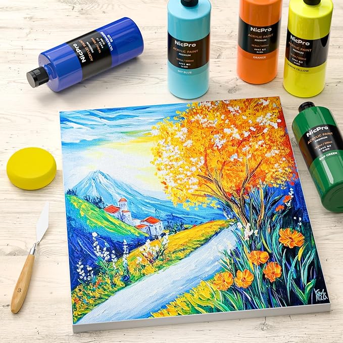 Nicpro 14 Colors Large Bulk Acrylic Paint Set (16.9 oz,500 ml) Rich Art Painting Supplies, Non Toxic for Multi Surface Rock Canvas Wood Ceramic Leather Fabric Craft for Adult with Color Wheel