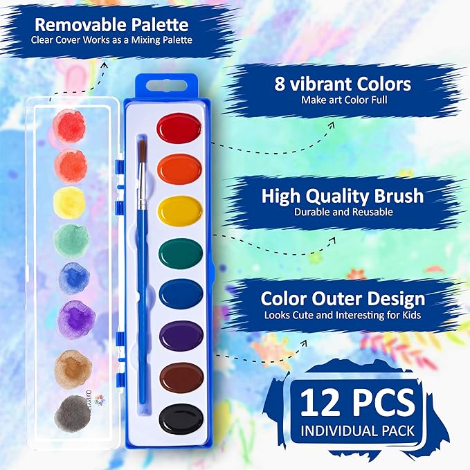 (Pack of 12) Water Color Paint Sets for Kids - Bulk Watercolor Kits for School, Classroom & Birthday Parties - Mini Paint Sets with 8, Non-Toxic Colors with ASTM D-4236 Certified, Each Perfect for Toddlers, Young Artists & Creative Learning
