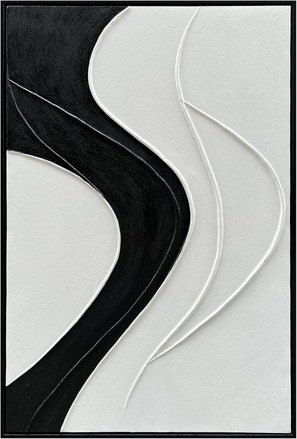 NANKAI Art Hand-Painted Thick Texture White and Black Minimalist Oil Painting 36x24 inch Large Home Wall Decorative Art Oil Painting (with Solid Wood Exterior Frame)
