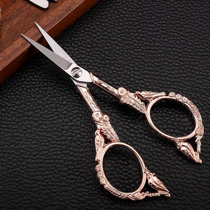 Sewing Embroidery Scissors – Small Vintage Sharp Pointed Tip Shears for Craft, Artwork, Handicraft DIY Tool, 4.6in Rose Gold Bird Style