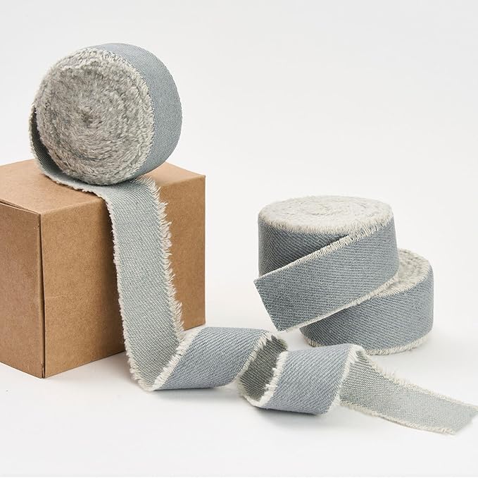 Pretty Jolly Grey Blue Denim Ribbon for Crafts Handmade Rustic Frayed Cotton Jean Fabric Ribbon for Flower Bouquet 15 Yards 1 Inch Cloth Ribbons for Gift Wrapping Hair Sewing Accessories Holiday Decor