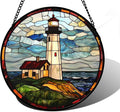 Stained Glass Window Hanging, Ocean Lighthouse Sun Catchers Glass Panel Blue Green Suncatcher Decor for Birthday for Women, Men, Wife, Aunt, and Mom 6.3 in