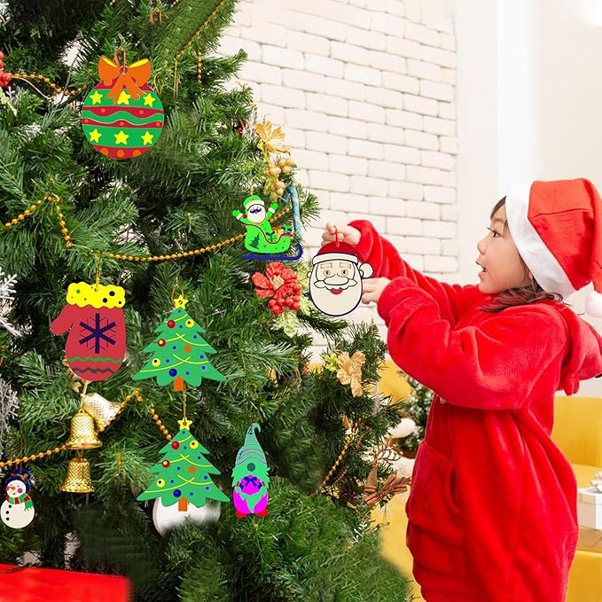 Aodmti 60 pcs DIY Christmas Wooden Ornaments Unfinished Wood Slices to Paint, Wooden Christmas Ornaments Crafts with 12 Styles,DIY Snowflake,Santa Claus,Moose Christmas Tree Ornaments kit