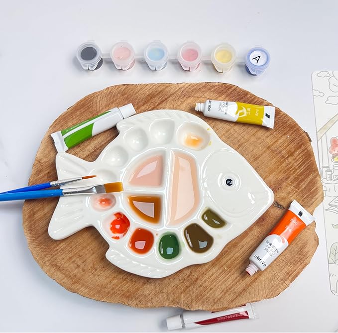Ceramic Watercolor Palette - Whimsical Fish Design Paint Tray with Tail Brush Rest & Golden Triangle Mixing Zone, White Glazed Ceramic Artist Palette Suitable for all pigments - Painter's Gift