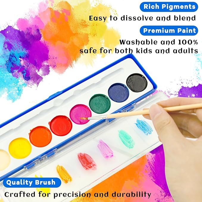16 Pack Watercolor Paint Set for Kids - 8 Washable,Bright Colors with Paintbrush Watercolor Paint Bulk for Kids Party Favors,Classrooms Supplies,Art Lessons