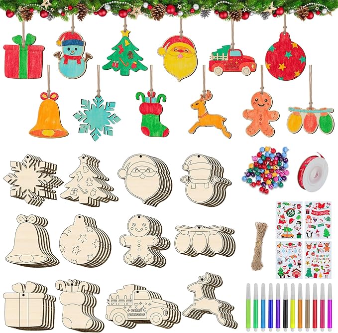 BAPHILE 60PCS DIY Christmas Wooden Ornaments Unfinished Wood Slices to Paint, 138pcs Predrilled Wood Circles Kit Craft Making for Christmas Tree Decorations Hanging Decor Xmas Present Tags