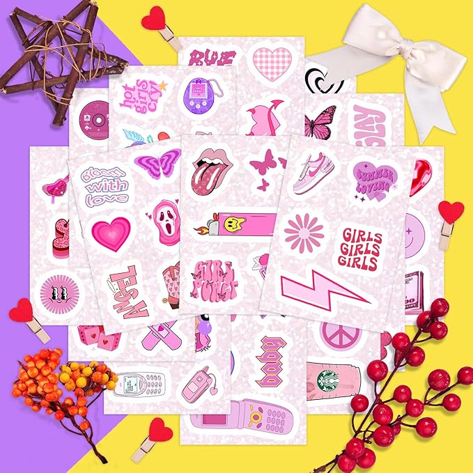 BulbaCraft 100Pcs Y2K Stickers Pink for Water Bottle and Laptop - Y2K Party Supplies & Decorations, Waterproof Vinyl Decals, 2000s and Aesthetic Stickers, Gifts for Women & Men