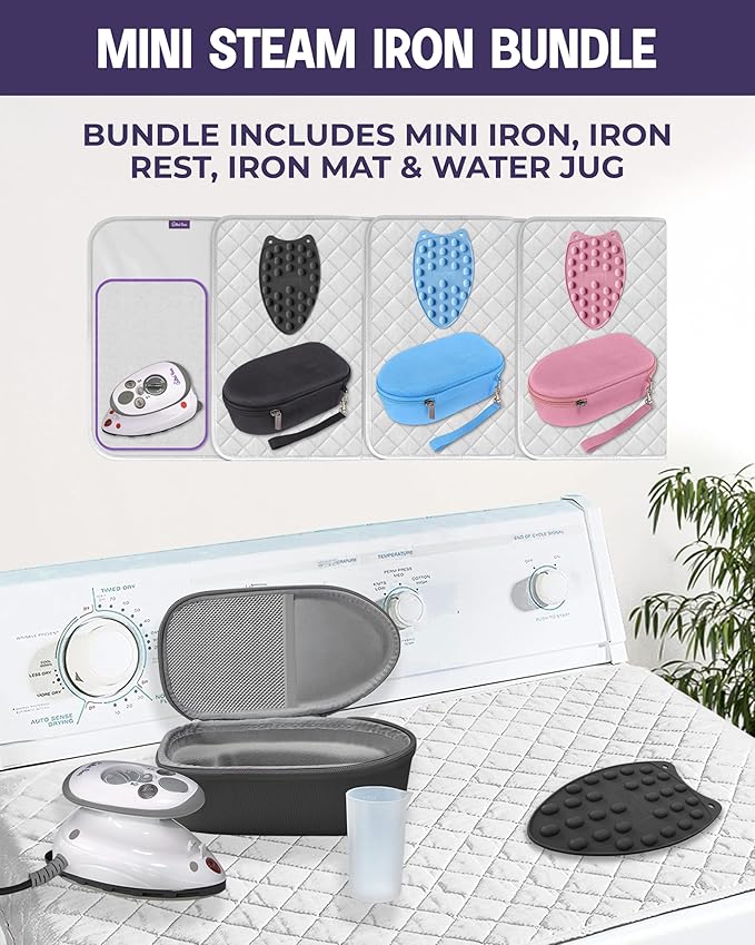 The Quilted Bear Mini Iron, Rest & Ironing Mat - Lightweight Mini Steam Iron with Hard Shell Travel Case, Rest & Ironing Mat - Travel Essentials for Wrinkle Free Clothes & Effortless Quilting (Pink)