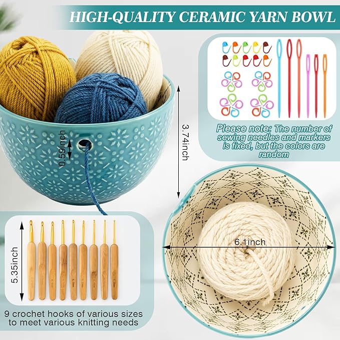Suncalla Yarn Bowls for Crocheting Knitting, Ceramic Yarn Bowl with 9 Pcs Crochet Hooks and Tools, Knitting Craft Holder with 3D Relief Pattern, 6'' Large Wool Storage Christmas Gifts for Crocheters