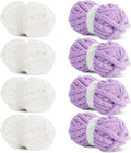 HOMBYS 8 Pack Assorted Chunky Yarn for Crocheting,Super Bulky Large Soft Fluffy Yarn,Plush Fuzzy Yarn,Thick Chenille Yarn for Hand Knitting/Arm Knitting,4 Cream,4 Purple(27yds,8 oz Each Skein)