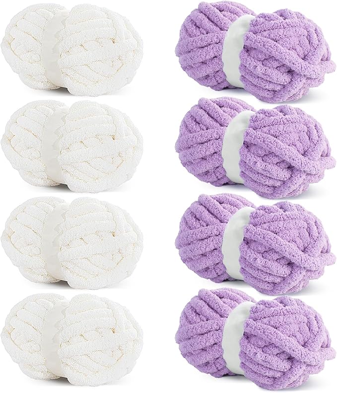 HOMBYS 8 Pack Assorted Chunky Yarn for Crocheting,Super Bulky Large Soft Fluffy Yarn,Plush Fuzzy Yarn,Thick Chenille Yarn for Hand Knitting/Arm Knitting,4 Cream,4 Purple(27yds,8 oz Each Skein)
