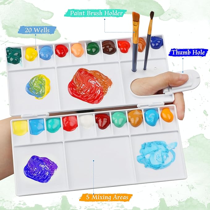 Watercolor Palette, Halobios Paint Palette with 20-Well and 5 Mixing Areas, Folding Paint Tray with Thumbhole and Paint Brush Holder, Plastic Painting Palette for Children Beginners Artists(1 Pack)