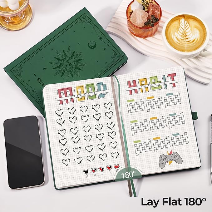EMSHOI A5 Graph Paper Notebook - 320 Pages, PU Leather Hardcover, Thick 100gsm Square Grid Paper for Math, Engineering, Graphing, Writing, School & Work. Dark Green, 5.75x8.38 Inch