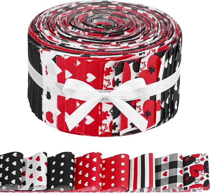 40 Pcs Red Black Love Heart Cotton Fabric Strips Polka Dots Stripes Plaid Mother's Day Fabric Bundles Strips for Quilting Crafting Precut Patchwork for Gift Sewing DIY Crafts