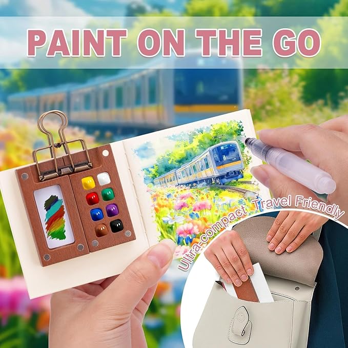 Mini Watercolor Paint Set, Tiny Mini Paint Palette Travel Kit, Portable Pocket Artist Water Color Travel Set with 12 Colours, Sketchbook, Watercolor Pens, 8 Grid Paint Box For Painters and Artists