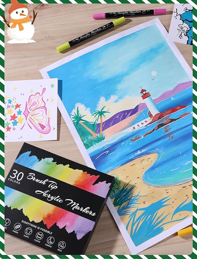 30 Colors Acrylic Paint Markers - Waterproof Dual Tip Acrylic Paint Pens with Brush & Fine Tip Professional Marker Set Scrapbook Markers for Paper Rock Wood Fabric Glass Ceramic and DIY Crafts