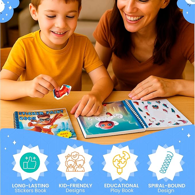 BulbaCraft 4Pcs Sticker Paint Books - Sticker Books by Number with Superheroes, Trucks, Animals and Space - Coloring Activity