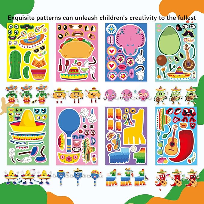 24 PCS Mexican Fiesta Stickers, Make Your Own Mexican Carnival Stickers, Make a Face Stickers for Kids, Cinco De Mayo Tacos Cactus Guitar Sticker for Mexican Carnival Themed Birthday Party Supplies