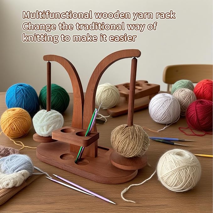 Magnetic Wooden Yarn Holder for Crocheting & Knitting – Smooth Rotating Yarn Spinner with Double Spindles, Tangle-Free Thread Dispenser, Ideal Gift for Knitters & Weavers (Brown)