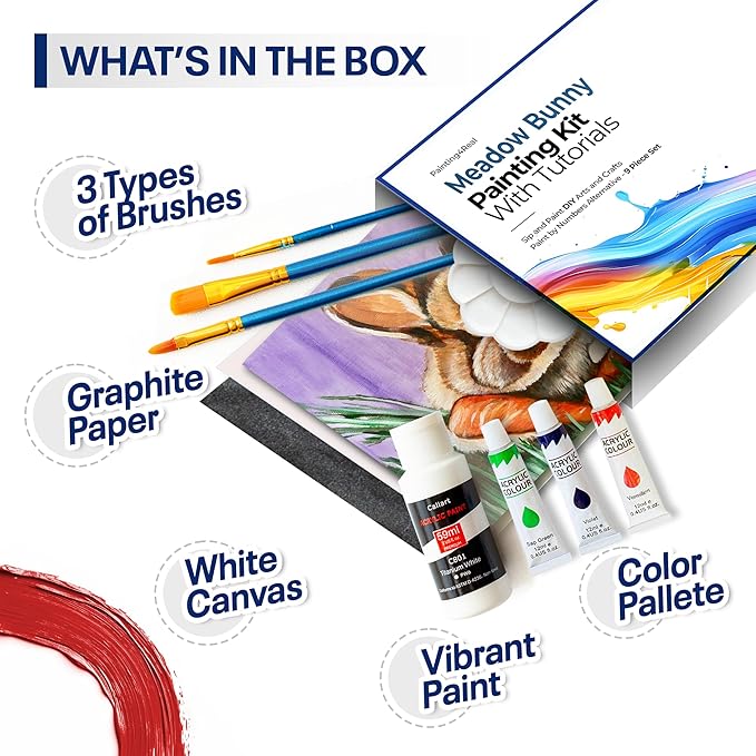 Painting4Real DIY Art Painting Kit for Adults – Learn to Paint Meadow Bunny with Video Tutorials – 9 Pieces Acrylic Paint Set for Adults –Perfect Christmas Crafts & Holiday Gifts for Art Lovers