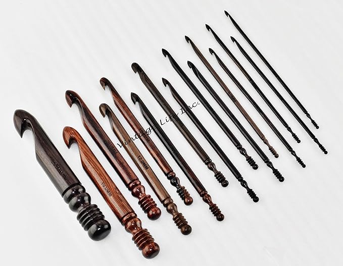 DnU Avenue Rosewood Set of 15 Ergonomic Crochet Hooks 3.5 MM to 25 MM, Wooden Yarn Crochet Hooks for Arthritic Hands, Knitting & Crochet Hook Organizer, Soft Grip, Wood Finish, Brown (Only Hooks).