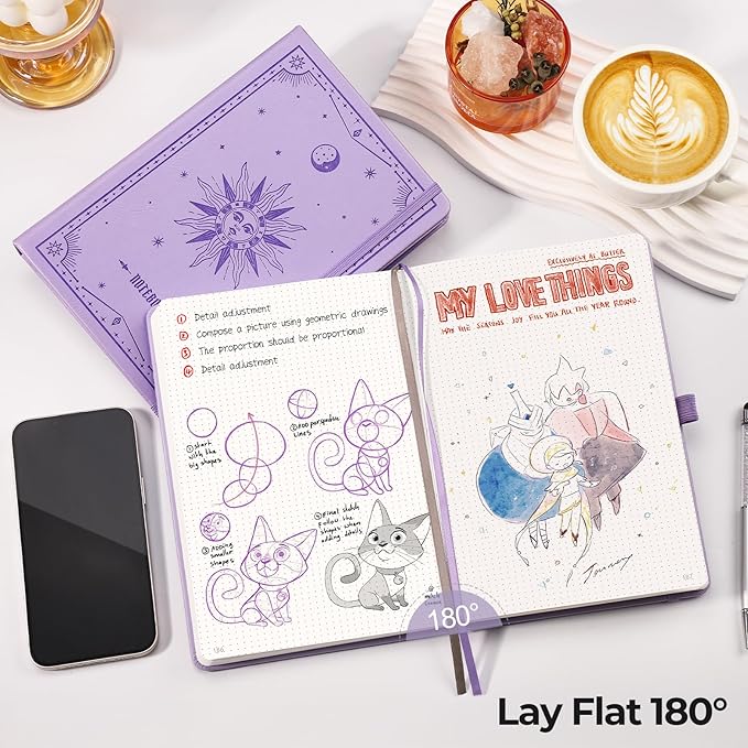EMSHOI Bullet Dotted Journal Notebook - 320 Pages, 100gsm Thick Paper, A5 Hardcover Leather, Dot Grid Notebook for Women Men Work Writing, Bullet Journaling, Drawing, 5.75 x 8.38, Light Purple
