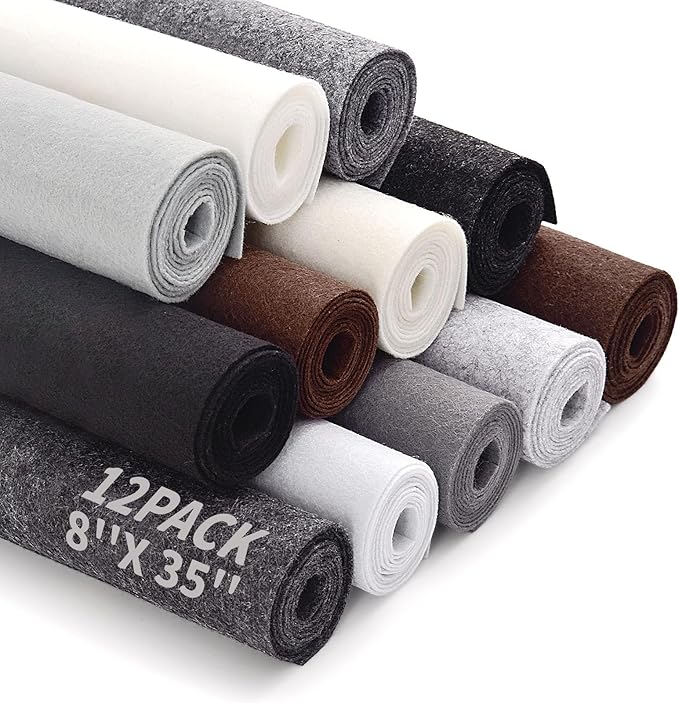 Large Stiff Felt Sheets Bundle Felt Fabric Sheets for Crafts 12 Rolls 8"x35" Soft Black Grey Color 12 Assorted Colors Felt Pack for DIY Craft Sewing Squares Nonwoven Patchwork (Grey)