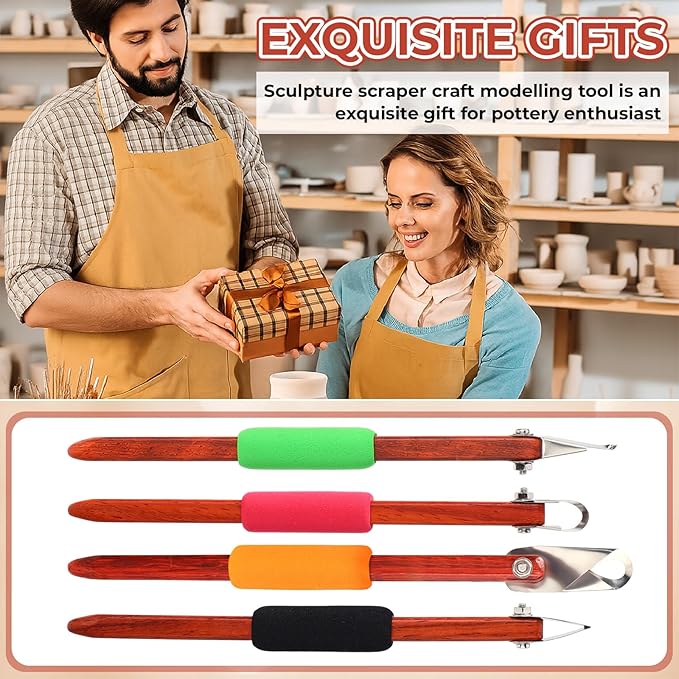 Lanties 4 Pcs Pottery Carving Tool Set Sculpture Scraper Craft Modelling Tools Red Pear Wood Texture Handle with Stainless Steel Blade for Clay Carving, Ceramic Sculpting, Graffito (Novel Color)