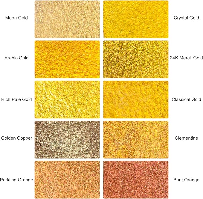 CSY art gallery Gold Handmade Mica Watercolor Paint Set in Tin Case Metallic Full Pans Water Color Sparkly, Shimmer, Glitter for Artists in Hand Lettering, Junk Journaling, Painting(Set 1)