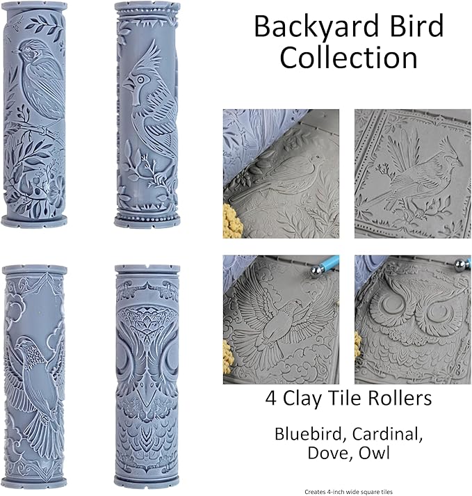 Backyard Bird Collection Clay Texture Rollers 4-Pack (4") - Bird Set #01 - Embossing Pattern Rollers for Polymer & Ceramic Clay, Pottery & Crafts