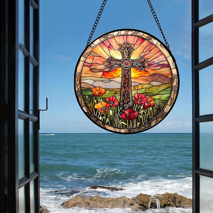 Christian Gifts for Women - Cross Stained Glass Window Hanging Jesus Easter Poppy Sunset Landscape Sun Catcher Garden Religion Decor Mother's Day Catholic Gift for Men Grandma Mom Her 15"