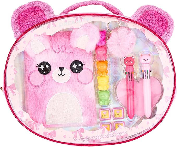 VOTUM Fuzzy Bear Stationery Gift Set for Kids – Plush Notebook, Stackable Highlighters, Click Pens, Sticky Notes & Erasers – Cute Pink Writing Supplies Case