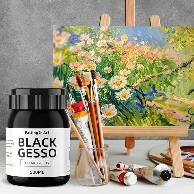 Falling in Art Black Gesso Primer for Acrylic Painting, 16.9Oz Non-Toxic Canvas Primer Gesso Surface Prep Medium