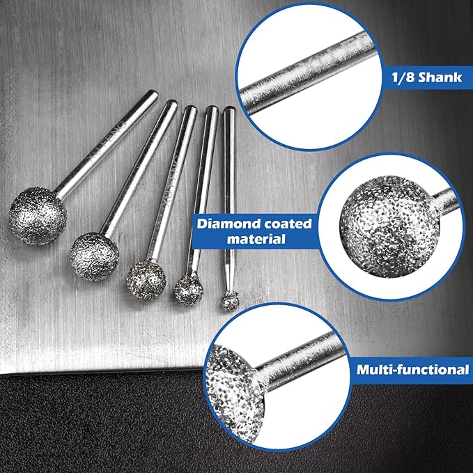1/8 Shank Diamond Grinding Burr Drill Bit Ball Shape Diamond Rotary Bit,15pcs 36# Course Burrs Set Mounted Points Bit Universal Fitment Rotary Tool for Stone Carving, DIY,Polishing, Engraving