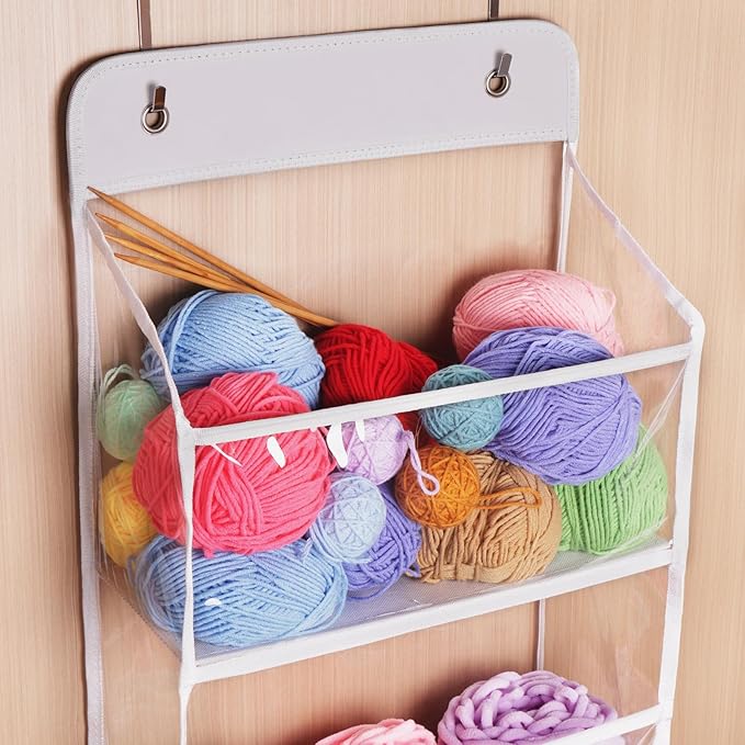 Univivi Door Hanging Yarn Storage Organizer, Knitting & Crochet Organizer with 6 Clear Plastic Pockets & 2 Big Metal Hooks for Knitting Needles, Crochet Hooks, Yarn Balls
