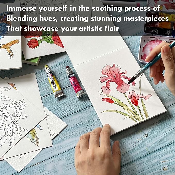 tumuarta Watercolor Coloring Book, 20 Unique Floral Designs, 5x7”, 100% Cotton, 300GSM, 140 LB, 20 Sheets, Cold Press, Acid Free Watercolor Paper Sketchbook, Glue Bound Mixed Media Pad (Flowers)