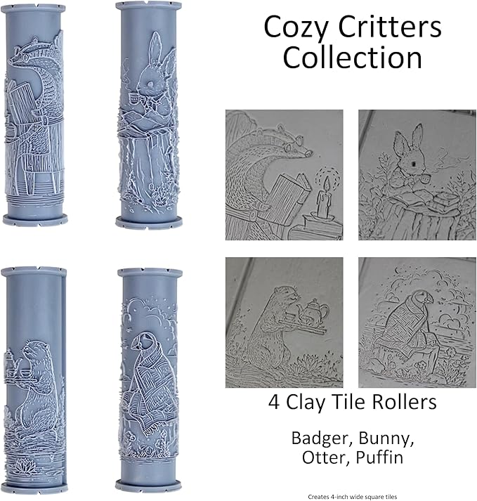 Cozy Critters Collection Clay Texture Rollers 4-Pack (4") - Storybook Set #01 - Embossing Pattern Rollers for Polymer & Ceramic Clay, Pottery & Crafts