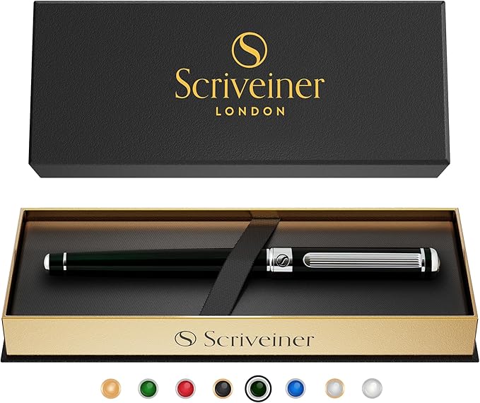 Scriveiner Black Green Rollerball Pen - Stunning Luxury Pen, Chrome Finish, Schmidt Ink Refill, Best Roller Ball Pen Gift Set for Men & Women, Professional, Executive Office