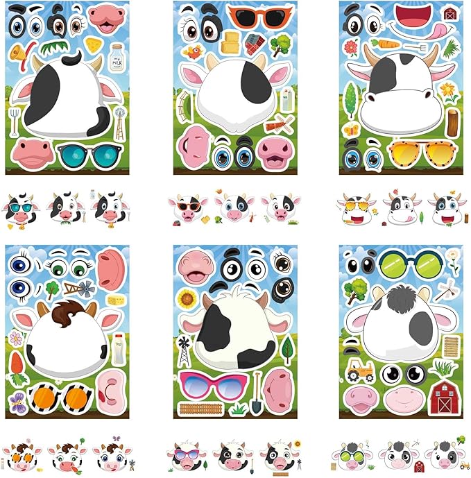 24 PCS Cows Stickers for Kids, Make-a-face Sticker Sheets Make Your Own Fram Animal Sticker for Kids Party Favor Supplies Craft