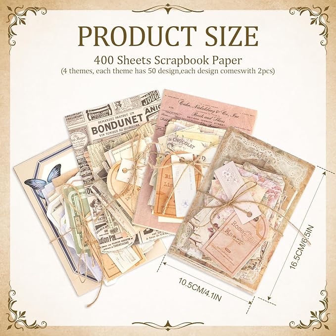 400Pcs Scrapbook Supplies Kit,4 Pack Vintage Decorative Paper Scrapbooking Supplies for Bullet Journal, Junk Journal, Planner, Collage Card Making，Retro Crafts，Aesthetic DIY Craft Embellishments