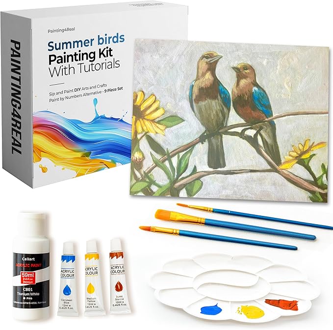 Painting4Real DIY Art Painting Kit for Adults – Learn to Paint Summer Birds with Video Tutorials – 9 Pieces Acrylic Paint Set for Adults –Perfect Christmas Crafts & Holiday Gifts for Art Lovers
